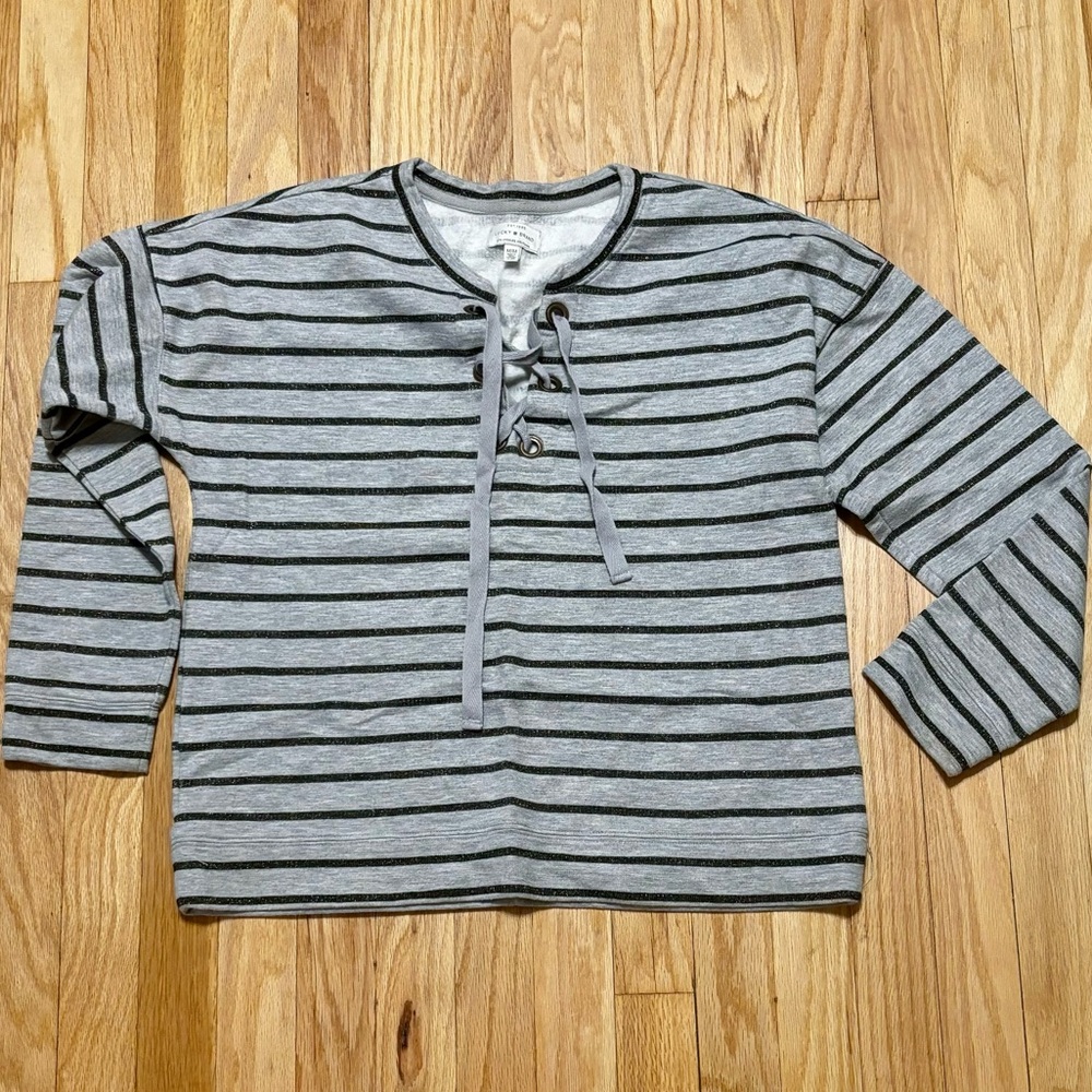 LUCKY BRAND Gray Lace-Up, (Shimmer) Striped Sweatshirt